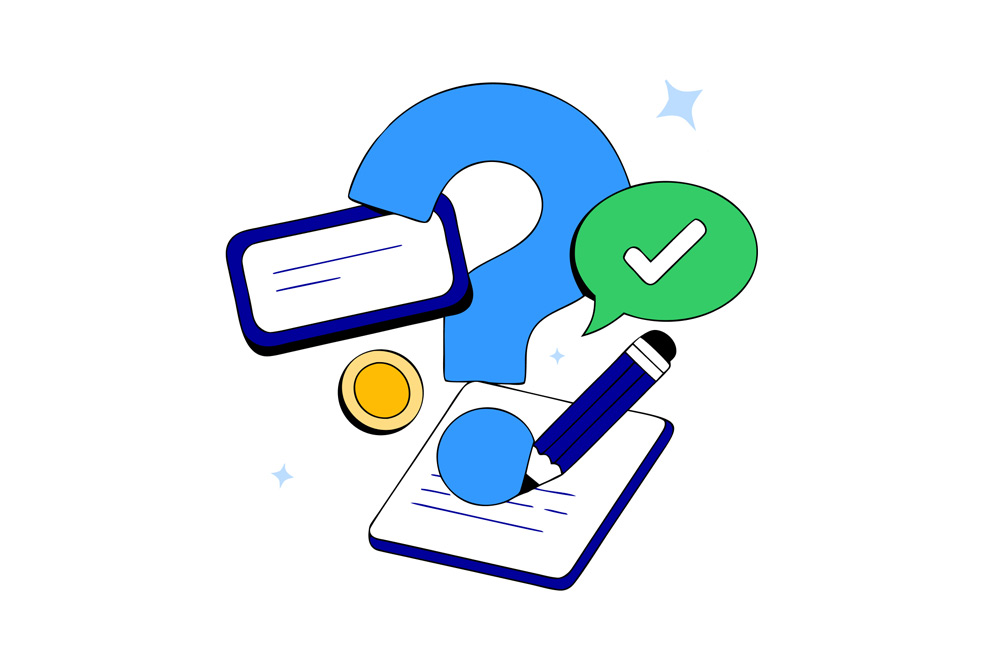 Illustration with a question mark, chat bubbles, pencil and document — frequently asked questions about cash registers.