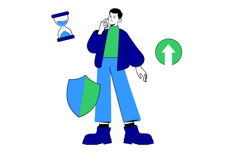 Illustration of a person thinking, surrounded by an hourglass, a shield and an upward green arrow — weighing time, risk and return when choosing where to invest.