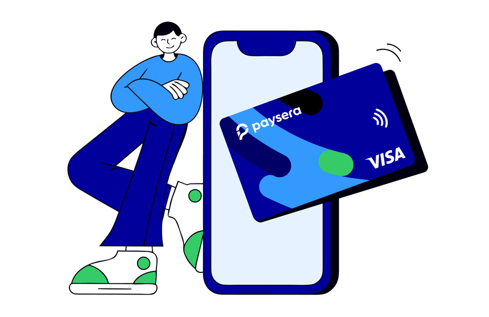 Person leaning on a large smartphone with a Paysera digital Visa card coming out of the screen &mdash; a free virtual card on your phone.