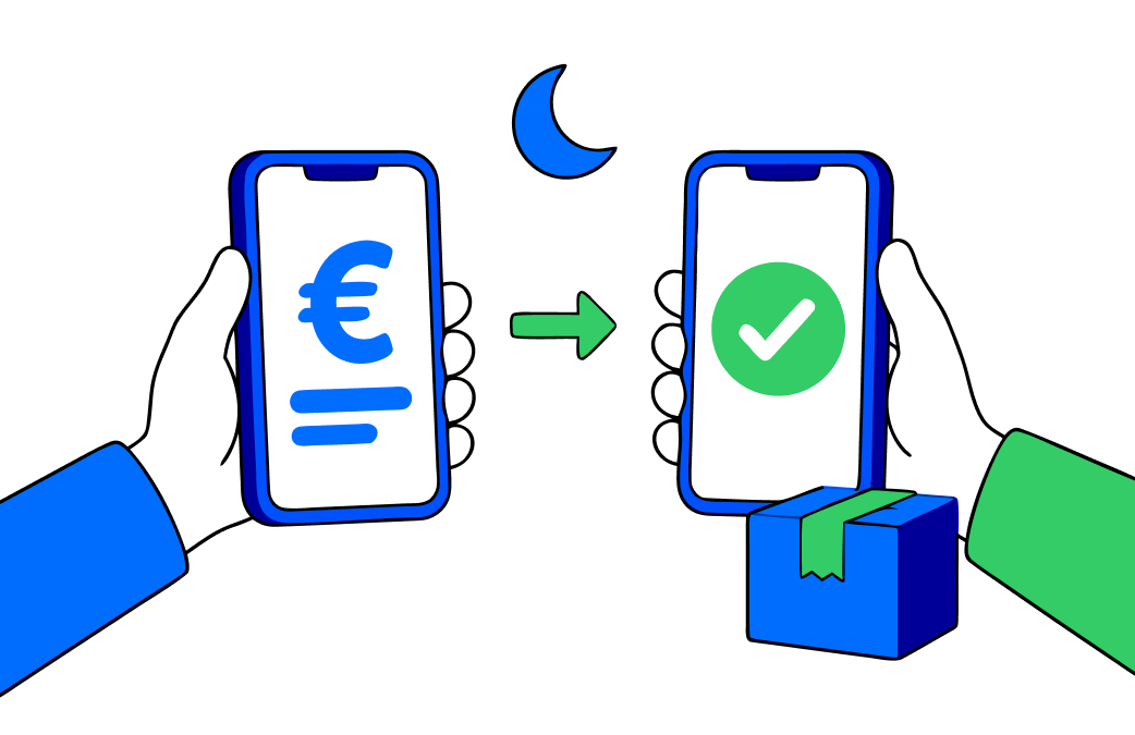 A business sends a payment to a supplier, who receives confirmation at night.