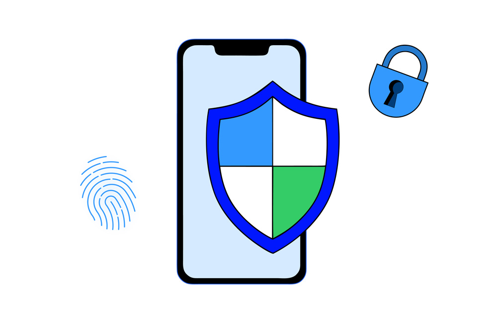 Smartphone su dideliu apsaugos skydu priekyje, &scaron;alia jo &ndash; spyna ir pir&scaron;to atspaudas &ndash; mobiliojo įrenginio apsauga.